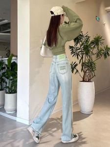 กางเกงยีนส์ทรงตรงเอวสูงสำหรับผู้หญิง กางเกงขายาวทรงหลวม ปักลายตัวอักษร สีเขียวมิ้นต์ กางเกงขายาวทรงหลวมไซส์ใหญ่ ทรงสลิม