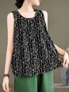 เสื้อกั๊กแขนกุดพิมพ์ลายสไตล์เกาหลีสำหรับผู้หญิงในช่วงฤดูร้อน ทรงหลวม ทรงเอ คอตั้ง แขนกุด ทรงหลวม ทรงเข้ารูป เสื้อยืด