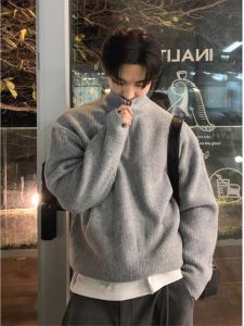 เสื้อสเวตเตอร์ถักคอตั้งมีซิปครึ่งตัวแขนยาวสำหรับผู้ชาย สไตล์อเมริกัน ปกติ ฤดูใบไม้ผลิและฤดูใบไม้ร่วง เสื้อคลุมกันหนาวแบบสวมหัว