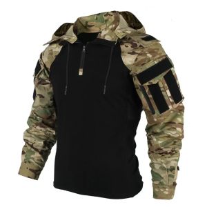 Mens Hunting T-shirts 1/4 Zip Long Sleeve Shirt Hooded Tactical Shirts Climbing Hiking Tees Camping Fishing Pullover Tops