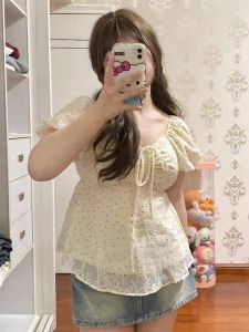 plus Size Summer Fresh Floral Print Yellow Shoulder Bubbles Sleeve Shirt Womens Meat Concealing Slim Fit Top Korean Style Commute