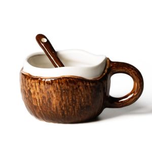 Ceramic Coffee Mug With SpoonCeramic Mug Coconut Shape MugCreative Coconut Shell Shape Coffee Cup Breakfast Milk Cup for Home Office