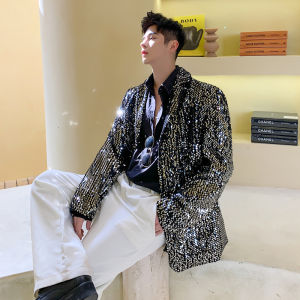 ชุดสูทกลิตเตอร์เงามีสไตล์เฉพาะตัว ins ชุดการแสดงบนเวทีกลุ่มชายและหญิงเสื้อคลุมวัยรุ่นชายอินเทรนด์ไนท์คลับ