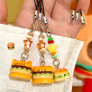2Pcs Cute Dog Cat Hamburger Chain for Girls Charm Cartoon Keychain Pendant Kawaii Hanging Rope for Bag Phone Gfits Accessories