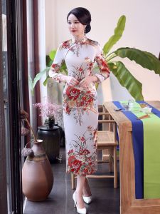 Váy Dài Tay in Họa Tiết Cổ Đứng Ôm Vừa Vặn Qipao Váy Midi Mùa Hè Thường Ngày Bằng Vải Polyester Dài Tay Cổ Đứng