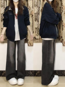 American Style High Waist Fleece Lined Wide Leg Jeans Womens Small Size Autumn Winter Loose Slimming Floor Length Straight Leg Pants