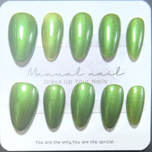 10pcs Almond Handmade Press on Nails Pearl Powder Chrome Mirror Powder Acrylic False Nails Glossy Gel Manicure Set