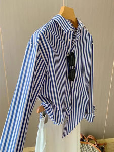Classic French Blue White Stripes Womens Shirt Inner Wear Design Sensation Lazy Style Layering Commute Shirt POLO Collar