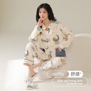 Váy ngủ MiiOW Cat Person nữ làm bằng vải cotton dài tay in họa tiết hoạt hình thoáng khí