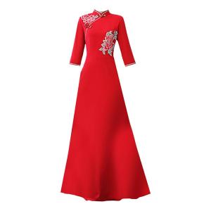 High-End New Blue Embroidered Performance Gown Stage Show Off-Shoulder Long Qipao Revamp Traditional Chinese Costume Women