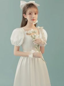 สีขาว สไตล์เจ้าหญิง เดรส เรียบหรู แขนสั้นกลาง เอว กระโปรงทรงเอ สําหรับผู้ใหญ่พิธีงานแต่งงานการเฉลิมฉลองหมั้น