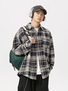 Retro Plaid Long Sleeve Casual Shirt Mens Loose Fit Turn-down Collar Pocket round Hem Japanese Style Autumn Outerwear