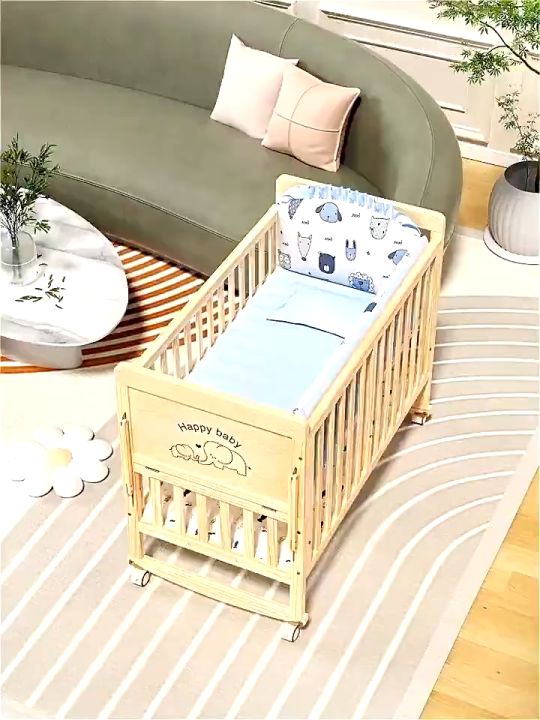 Solid Wooden Crib for Baby with Mattress Set Wheels Mosquito Net - Main Image