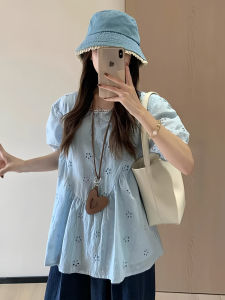 เสื้อเชิ้ตแขนพองปักลายสไตล์ฝรั่งเศสสำหรับผู้หญิงในช่วงฤดูร้อน เสื้อผ้าเด็กตัวน้อยแบบหลวมๆ สวยงาม เสื้อคลุมเอวเข้ารูป เสื้อผ้าทำงานสไตล์เกาหลี