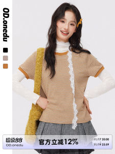 ODonedu Casual Style Pure Cotton Short Sleeve T-Shirt Womens Slim Fit round Neck Stripe Pattern Base Shirt Summer Top