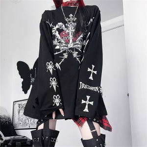 Cute Asian Trendy Brand Skull Print Subculture Dark Punk Top 2026 Early Autumn Women New Loose Y2k Style Long Sleeve T-shirt