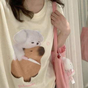 Original Cat Print Cotton T-Shirt Womens round Neck Short Sleeve Pure Cotton Comfortable Breathable Summer Top