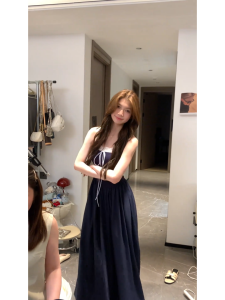 French Retro Blue Halter Dress Womens Summer New High Waist Slimming Versatile Long Dress Commute Style No Sleeve A-word Long Dress