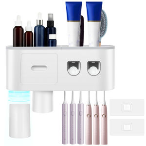 Toothbrush Holder Wall Mounted 2/3 Cups Automatic Toothpaste Dispensers Rack No Punching Bathroom Cosmetic Drawer Organizer