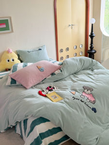 Fujishop Autumn Winter Thick Warm Towel Embroidered  Milk Velvet Three Four Piece Set Student Bedding Duvet Cover Quilt