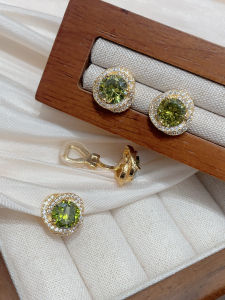 Elegant Silver Needle Crystal Wrap around Earrings Vintage Olive Green Fashionable Non Pierced Clip on Studs White Enhancing