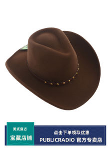 หมวกเดนิมขนสัตว์แท้ Public Radio Cowboy2022 สไตล์ย้อนยุคแบบอเมริกันสำหรับผู้ชายและผู้หญิง หมวกทรงสั้นแบบมีขอบโค้ง หมวกเด็ก