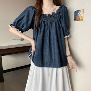 AIYITI | Summer Womens Denim Shirt Lace Trim Short Sleeve Square Collar Plus Size Conceal Belly Slimming Top Large Size Casual Loose Fit
