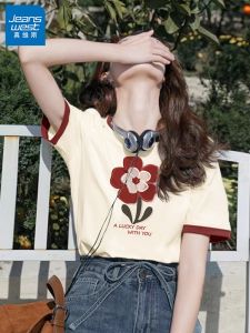 Jeanswest Color Block Pure Cotton Short Sleeve T-Shirt Womens Loose Fit Summer Top Street Style Printed Casual round Neck