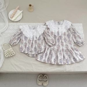 Autumn Flower French Contrasting Lapel Style Girls Dress Spring Baby Kids Long Sleeved Pure Cotton Lace Sweet Princess Dress