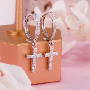 Pretty Beauty Moissanite Huggie Hoop Cross Dangle Earrings 925 Silver Pave Set Diamond Cross Pendant Earrings Gift for Women
