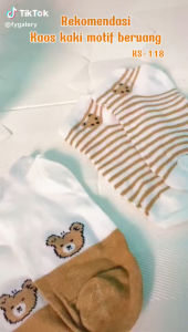 QSKS118 Kaos Kaki Motif Beruang Bear Garis Fashion Kaos Kaki Pendek Ankle Semata Kaki