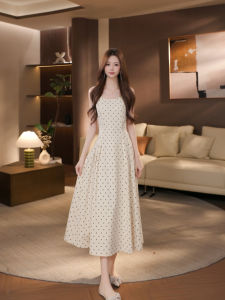 DENGLIULIU | Đầm Nữ Elegance Chấm Bi Vintage Dây Nịt Ép Eo Xòe