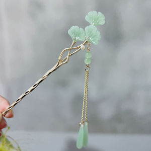 Chinese Ancient Style Emerald Green Ginkgo Tassel Hairpin Fresh and Retro Updo Pin Ancient Style Han Chinese Clothing Step Shake Hair Clip Hairware