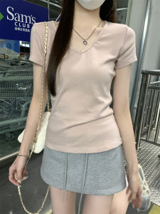 Korean Gentle Style V-Neck Short Sleeve Basic Fit T-Shirt Womens Chic Summer Casual Fashion Regular Shoulder Line Top