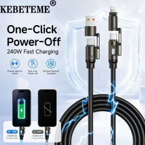 KEBETEME 4-in-1 240W Fast Charging USB Cable One-Click Power Off Switch Silicone Fireproof Insulation Anti Electric Shock Multi Charging Cord for Lightning Type-C Phones Tablets