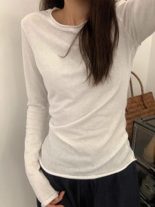 White Thin Long Sleeve Loose Feel Cuffed T-Shirt Korean Style Early Autumn Chic Base Layer Shirt Slimming Effect Top