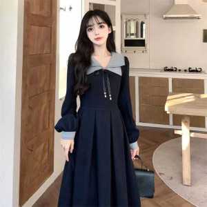 Váy Dài Tay Cỡ Lớn Mùa Xuân Thu Phong Cách Hepburn Cổ Điển Váy Midi Chữ a Cạp Cao Bằng Vải Polyester Trang Phục Công Sở