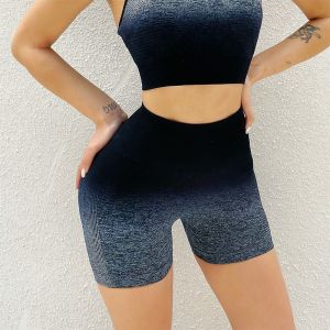 High Waist Three-Quarter Length Fitness Pants Womens Gradient Tight Training Shorts Breathable Quick Dry Sportswear Yoga Clothes