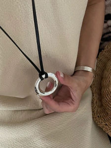 Minimalist Long Necklace with Adjustable Black Leather Cord And Pendant Ring Sweater Chain Fashion Jewelry Accessory for Women