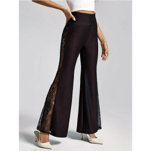 High Waist Lace Patchwork Casual Pants Loose Fit Long Pants Womens Fashion Spring Autumn Polyester Fiber Slimming Style