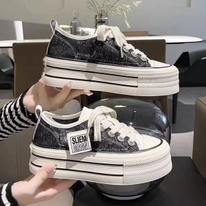 Womens Summer New Breathable Mesh Hollow out Thick Bottom Casual Board Shoes Lace up round Toe mid Heel Pure Color Sneakers