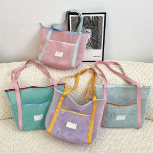 Large Capacity Mesh Storage Bag Hollow out Handheld Beach Bag Outdoor Shoulder Bag for Fitness Soft Polyester Tote Bag