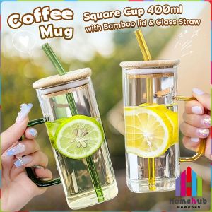 HB 400ml Creative Square Borosilicate Glass Cup with Colored Handle and Bamboo lid & Glass Straw