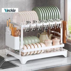 Veckle Kitchen Dish Drainer Storage Rack 2 Tiers Bowl Dish Chopsticks Knife Fork Water Cup Storage Rack Kitchen Counter Organizer