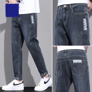 ROMON | Romon Mens Summer Thin Fashion Slim Fit Jeans Elastic Straight Leg Blue Washed Casual Long Trousers Mid Waist Zipper Cotton Blend