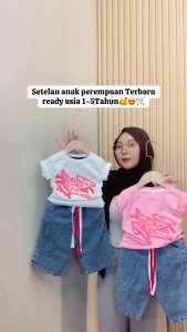 Setelan Anak Perempuan Korean Style Usia 1-5 Tahun Kaos Bordir Lucu Celana Jeans Skena 7/8 Fashion Anak Perempuan Kekinian Dan Terbaru