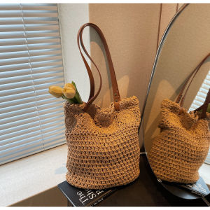 กระเป๋าถือผ้าฝ้ายถักความจุขนาดใหญ่สำหรับผู้หญิง กระเป๋าถือทรงเทรนด์ 2025 กระเป๋าถือชายหาดแบบโปร่งสีพื้น กระเป๋าถือแบบสะพายไหล่เดี่ยว