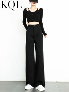Black Pleated Wide Leg Jeans Womens High Waist Loose Slimming Short Straight Floor-Length Pants Casual Style Spring New