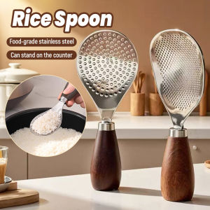 Vacaka Non-stick Rice Spoon Stainless Steel Comfortable Wooden Handle Big Rice Paddle Dinner Utensils