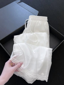 PAIBOLI | Quần Linen Trắng Kiểu Pháp Ống Suông Thêu Ren Dáng Rộng Cho Nữ 
